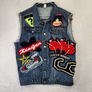 Custom‎ Patch Denim Vest Womens XXXL Embellished Jean Jacket Sleeveless